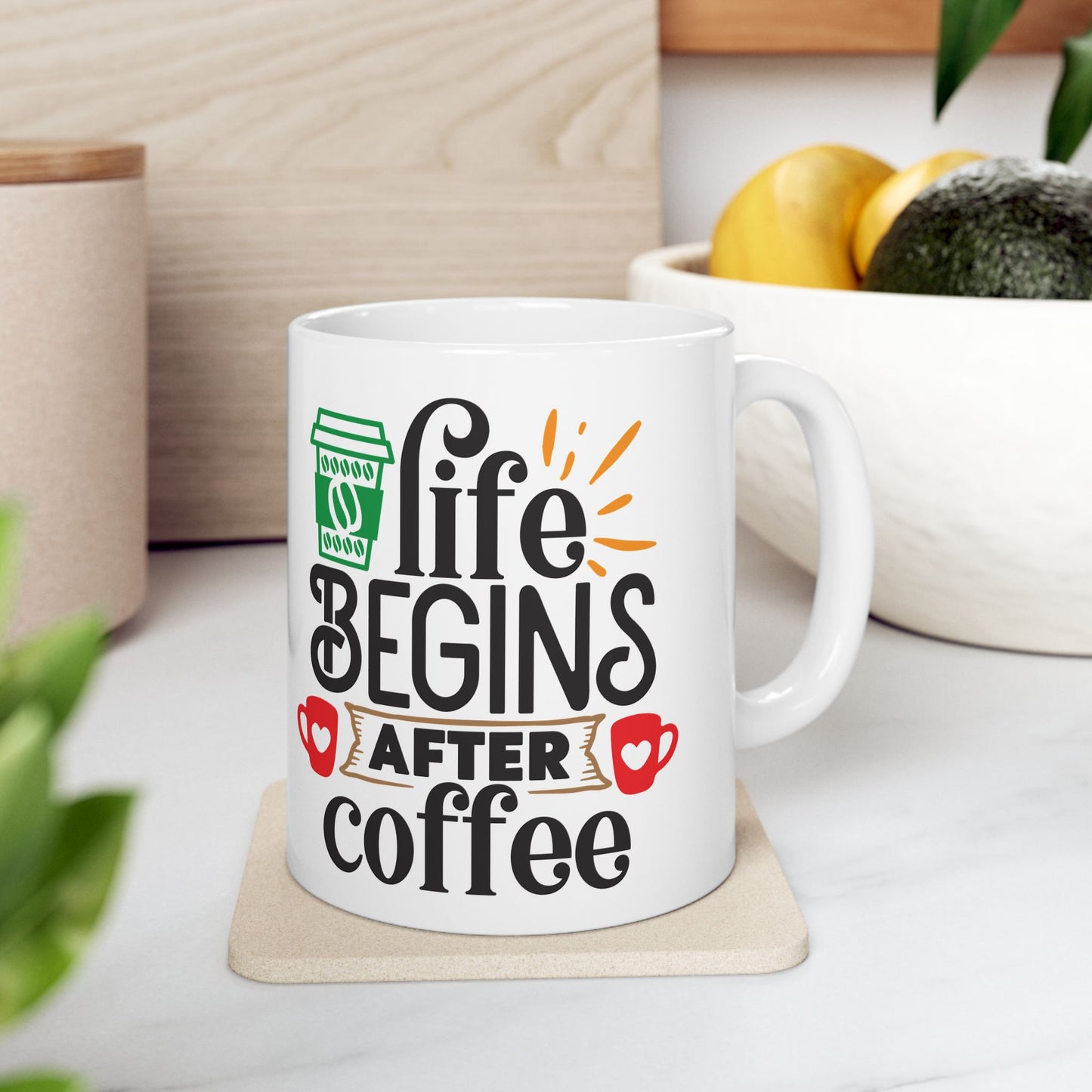 Life begins After Coffee White Ceramic Mug, 11oz