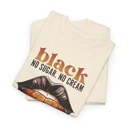 Unisex Graphic Tee: Black Coffee Statement Shirt with Dripping Lips Design