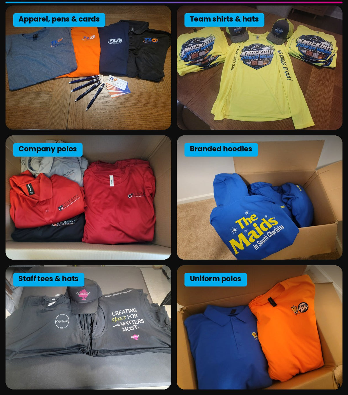 Custom staff apparel, hats and promo items printed by Digitize Me for local businesses in Rock Hill and Charlotte.
